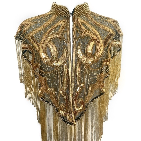 L'Jai Amor Tops - Gold Art Deco Hand Beaded Fringe and Sequin Cape